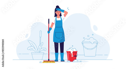 Exhausted woman in a blue apron taking a break from cleaning chores while standing with a broom and soapy buckets.
