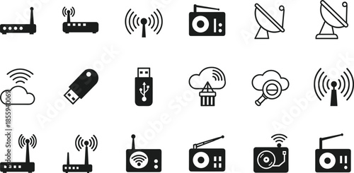 Wireless communication technology icon set featuring wifi routers radio receivers satellite dishes cloud computing and signal broadcasting symbols for network connectivity and telecommunications