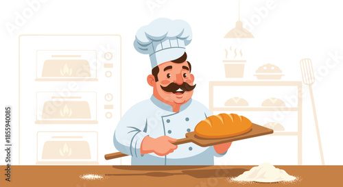 Friendly professional baker in a white chef uniform presenting a freshly baked loaf of golden bread from the oven.