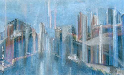 Fantastic metropolis, a city of the future on the shore, illuminated by the sun. Hand-drawn illustration of a modern city for your background.