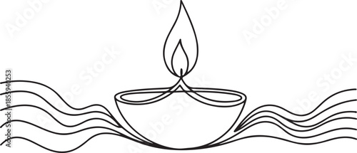 Minimalist black and white line diwali diya oil lamp with flowing wavy lines on a white background Keywords: diya, diwali, lamp, oil lamp, flame