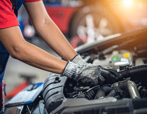 Close-up of a mechanic with gloves working on an opened car engine in a garage setting with sunlight