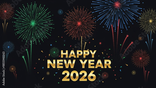 Vibrant fireworks exploding in night sky with happy new year 2026 text