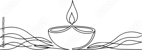 Minimalist black and white line diwali diya oil lamp with flowing wavy lines on a white background Keywords: diya, diwali, lamp, oil lamp, flame