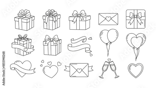 Romantic Gift Collection: An array of charming gift boxes, love letters, and balloons, are delicately illustrated for an enchanting ambiance of love and celebration.