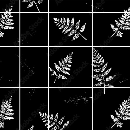 Botanical grid pattern featuring white fern fronds against a black background with white gridlines