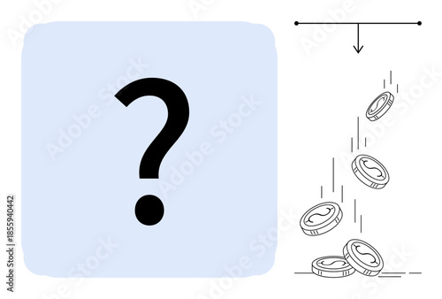 Financial decisions, savings management, economic uncertainty, wealth loss, investment risks, profitability evaluation. Question mark beside falling coins. Financial decisions and investment risks