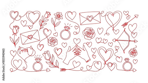 Valentine's Day Line Art: Intricate red line art elements evoking romance, capturing hearts, love letters, floral blooms, and engagement rings, all against a clean backdrop.