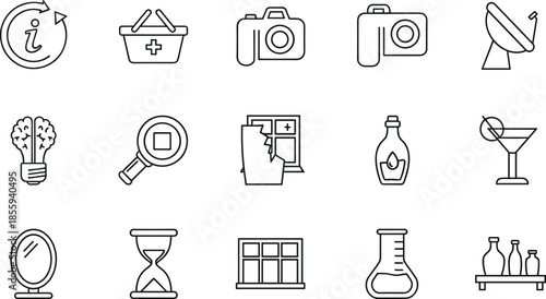 Versatile set of thin line icons featuring camera hourglass science flask brain lightbulb satellite dish and information symbols for creative web and interface design projects