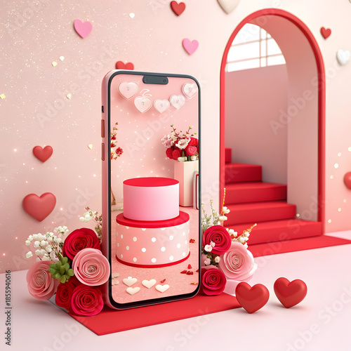 A pink and red Valentine's Day scene with a cake on a smartphone screen