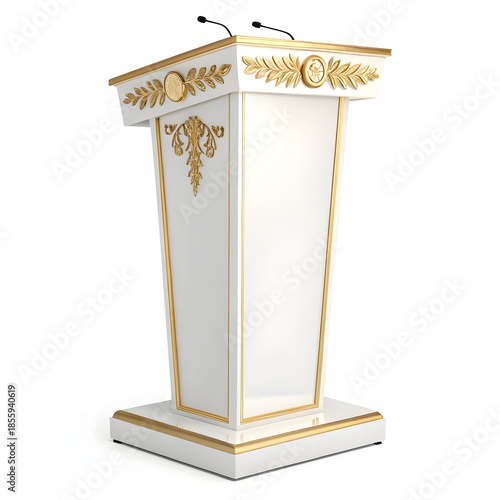 A luxurious white and gold podium with two microphones on top