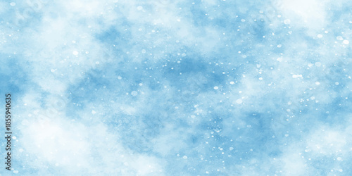 A blue abstract background featuring falling snowflakes and stars creates a festive winter texture for a cold Christmas holiday celebration under a light blue sky
