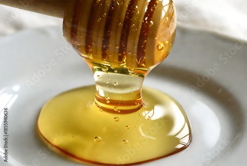 Golden Honey Dripping from Wooden Honey Dipper