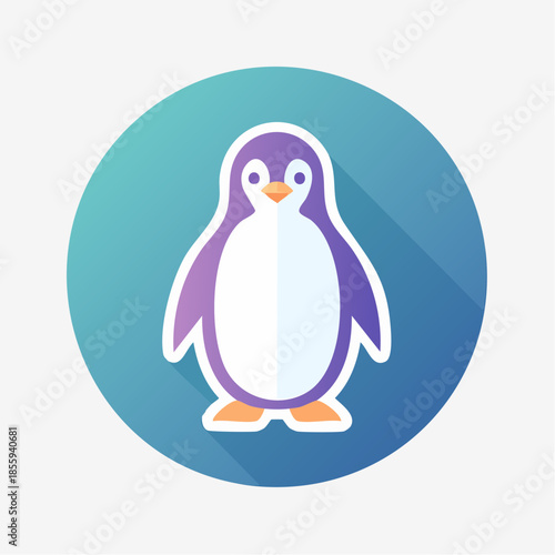 Illustration of a purple and white penguin on a blue circle background.