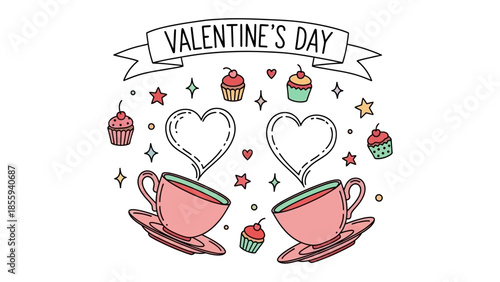 Valentine's Day Delight: A charming illustration captures the essence of Valentine's Day with delicate teacups and sweet treats, embodying affection and heartfelt moments.