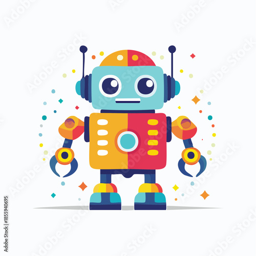 Colorful cartoon robot with a square body and claw hands, surrounded by confetti.
