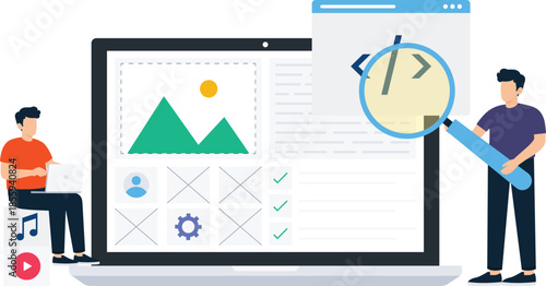 Web development programming code review website design digital strategy content management user interface flat illustration teamwork collaboration business technology