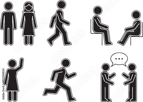 Six black filled silhouette of people in different poses and interactions including a couple walking sitting talking and running on a white background