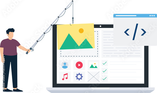 Man holding fishing rod digital security concept phishing attack online scam data theft computer screen web development flat design modern concept