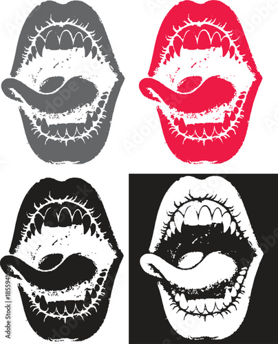 Grunge mouth with tongue sticking out and sharp teeth in multiple color variations isolated on transparent background, Vector, illustration