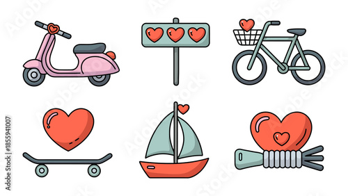 Valentine's Love Collection: Celebrate love with an illustration of various elements including scooter, bike, heart, board, boat, flower bouquet, all showcasing a romantic vibe