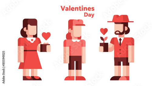 Love's Trio: Three figures, each radiating affection and unity, present small gifts to each other, symbolizing the essence of Valentines.