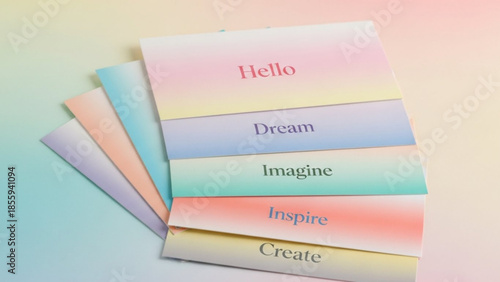 Vibrant pastel colored cards with inspirational words hello dream imagine inspire create on colorful