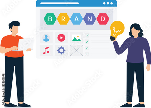 Brand strategy digital planning marketing concept business teamwork creative idea content management web development online presence flat design modern illustration