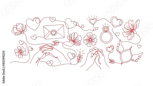 Eternal Bond: a heartwarming illustration featuring delicate hands entwined, a diamond ring, blossoms and graceful hearts, expressing the core essence of love and connection.