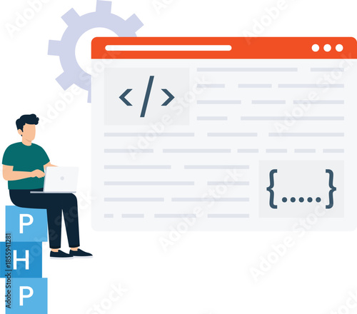 Programmer working web development software engineer coding language application development digital technology computer science flat design system settings modern illustration