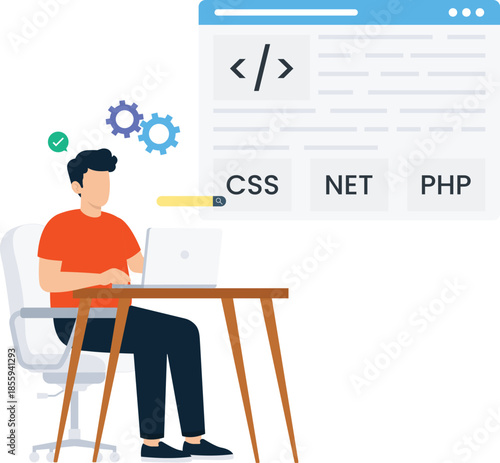 Web developer programming concept digital technology remote working application development computer screen coding language modern workspace business process