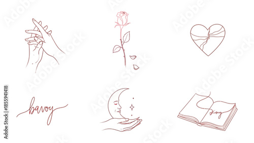 Elegant Sketches: A set of delicate illustrations, including intertwined hands, a blooming rose, and a heart, evoke themes of love, beauty, and literature. The images offer a visual journey.