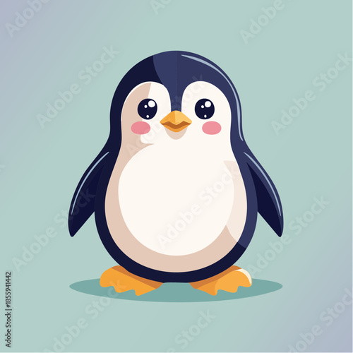 A cute cartoon penguin with a white belly, black back, and orange beak and feet.