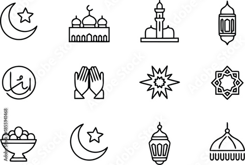 Ramadan kareem line icons set with islamic moon star mosque lantern and prayer hands isolated on background