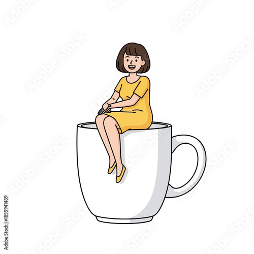 Whimsical coffee break: A cartoon girl perched atop an oversized cup evokes a sense of imagination