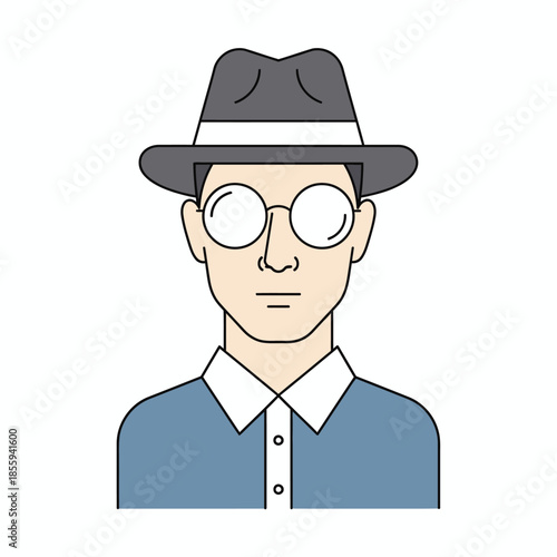 A stylized portrayal of a person with a hat and round glasses in a cartoonish design