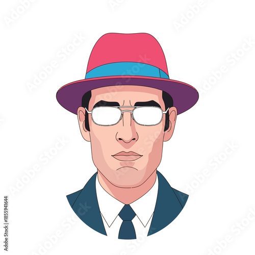 Stylized character illustration with fedora hat and glasses depicting a modern man profile