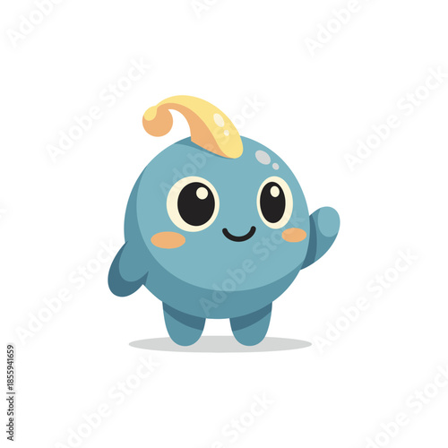 Whimsical blue sphere character with a happy expression and golden hair curl