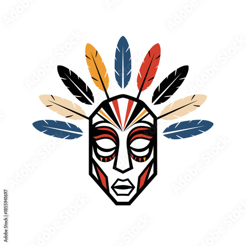 Stylized representation of an ornate mask adorned with colorful feathers imagery