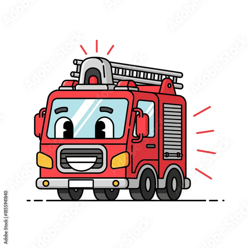 Cartoon Fire Truck with Cheerful Expression on White Background for Kids Illustration