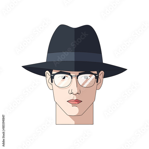 Stylized portrait of a man with fedora and glasses in minimalist design representation