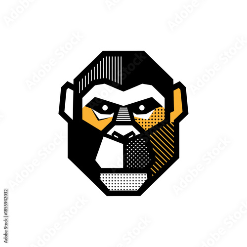 Stylized monkey head illustration using geometric shapes in black white and yellow design