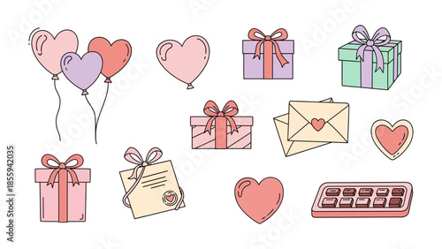 Love and Gift Package:  A collection of heartwarming gifts and symbols of affection, featuring balloons, chocolates, and letters, all wrapped in a sense of tender sentiments and romantic gestures.