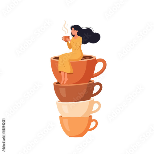 Serene moments: woman enjoying hot drink atop a whimsical stack of oversized cups