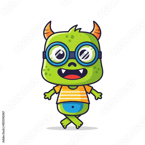 Whimsical illustration featuring a vibrant green cartoon monster with playful charm and engaging