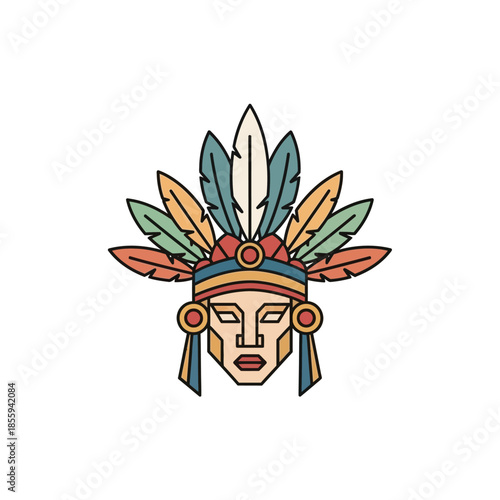 Stylized aztec figure icon adorned with a colorful feather headdress creation
