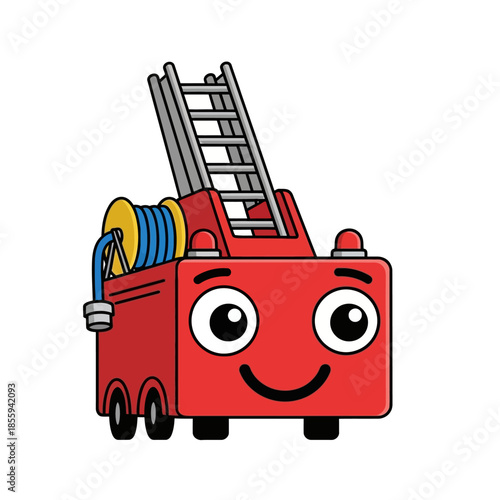 Cartoon fire engine illustration, showcasing a friendly and colorful design for children appeal