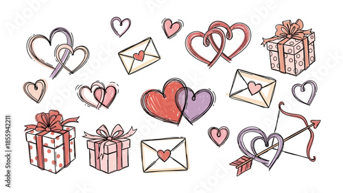 Love's Emblems: A collection of charming hand-drawn illustrations that perfectly encapsulate the tender sentiments of romance, featuring hearts, gift box, letters, and arrows.