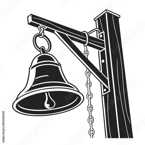 A black and white line drawing of a large hanging bell suspended from a wooden post by a metal bracket and chains.