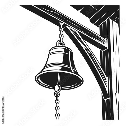 Black and white illustration of a large hanging bell suspended from a wooden post with a chain.
